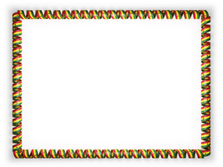 Frame and border of ribbon with the Ghana flag, edging from the golden rope. 3d illustration