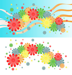 Obraz premium Bright background of multi-colored flowers and ribbons.