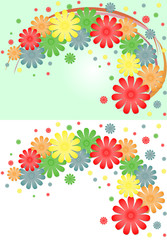 Bright background of multi-colored flowers and ribbons.