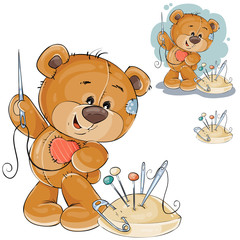 Vector illustration of a teddy bear sewing on itself a red patch in the shape of a heart. Template for greeting card with Valentines day