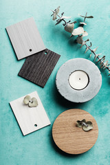 Flat lay interior decor objects for a color scheme