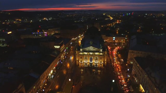 Night aerial view of Lviv Opera, Central part of old city. Ukraine.