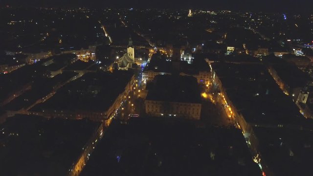 Night aerial view of Lviv Opera, Central part of old city. Ukraine.
