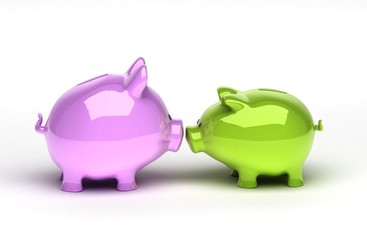 two Piggy Bank isolated on white with soft natural shadow