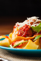 Italian pasta pappardelle with meatballs in tomato sauce.