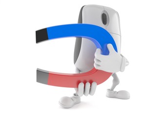 Computer mouse character holding horseshoe magnet