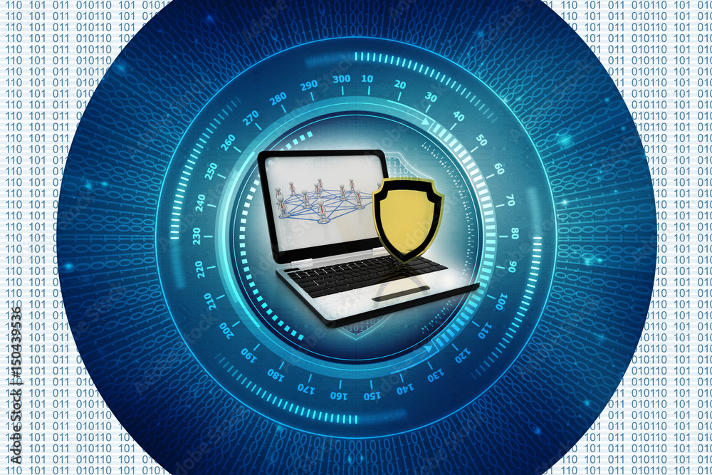 Poster laptop with shield. isolated 3d rendering image