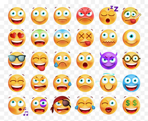 Set of 30 Cute Emoticons on White Background . Isolated Vector Illustration 