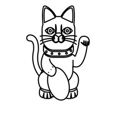 maneki-neko cat sitting lucky japanese culture line vector illustration