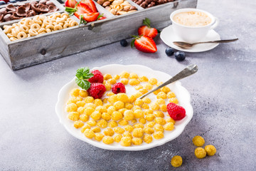Healthy breakfast with cereal balls, fresh milk and berries, selective focus.