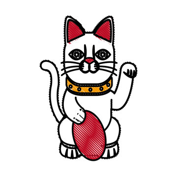 drawing maneki-neko cat sitting lucky japanese culture vector illustration