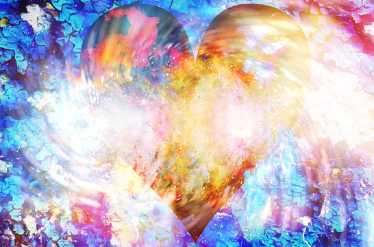 Heart in cosmic space, color cosmic abstract background and crackle structure and swirl.