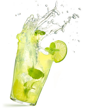 caipirinha cocktail splashing isolated on white background