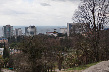 Канатная дорога. Вагоны и натянутые тросы, опоры. Парк Дендрарий. Сочи. Россия.