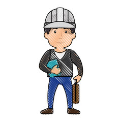 construction worker standing with safety helmet, cartoon icon over white background. colorful design. vector illustration