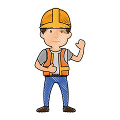 construction worker standing with safety helmet, cartoon icon over white background. colorful design. vector illustration