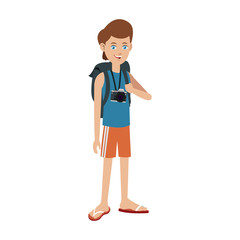 young boy travel toruism package camera photo vector illustration
