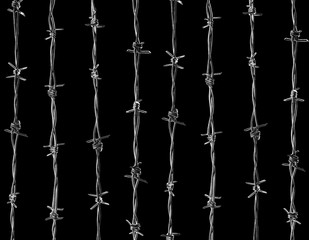 8 lines of vertical barbed wire isolated against the white backgound