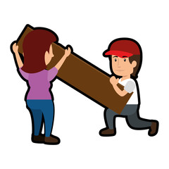 construction workers with wooden plank icon over white background. colorful design. vector illustration