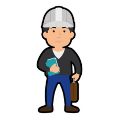 construction worker standing with safety helmet, cartoon icon over white background. colorful design. vector illustration