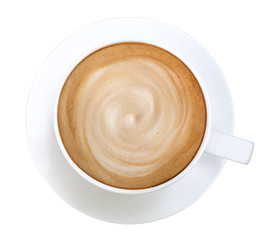 Top view hot coffee latte cappuccino spiral  isolated on white background, clipping path included