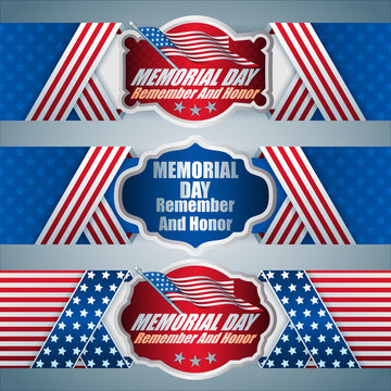 Set of web banners design, background with texts and American flag, for Memorial day event, celebration