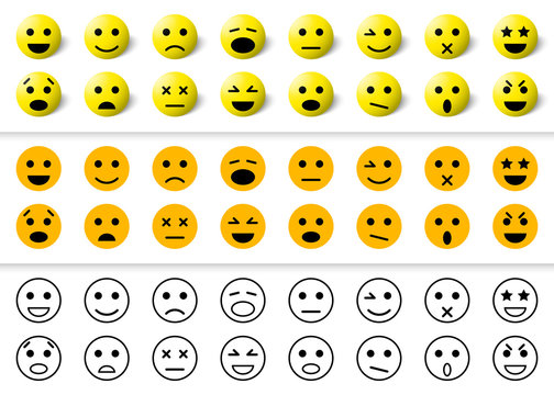 Set of emoticons icons, smile collection. Emoji in flat style, outline and 3d. Isolated vector.