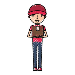 delivery worker with box avatar character vector illustration design