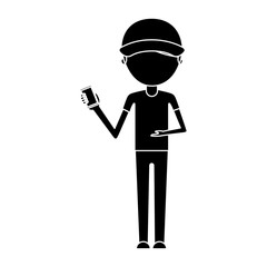 delivery worker with cellphone avatar character vector illustration design