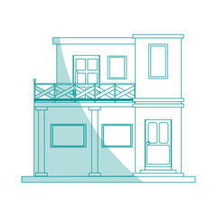 blue shading silhouette cartoon facade modern house style with two floor and balcony vector illustration