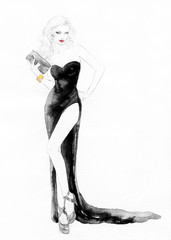 Woman in elegant dress. Fashion illustration. Watercolor painting