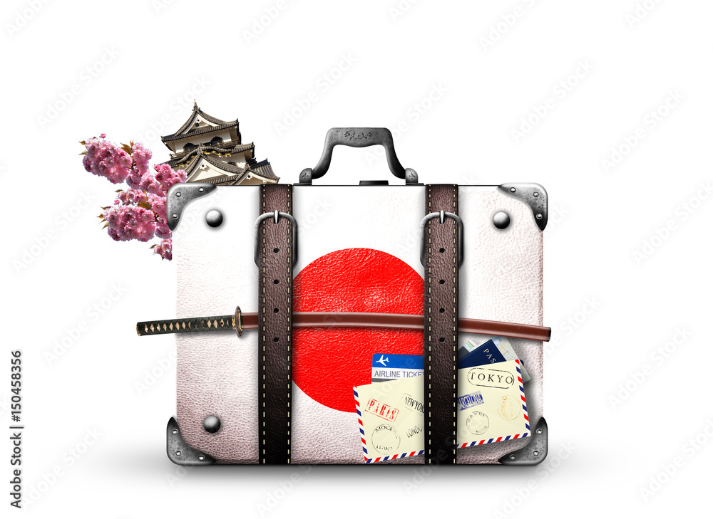 Wall mural Japan, retro suitcase with a Japanese flag and sword