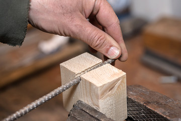 Rasp in the rugged hands of a skilled carpenter