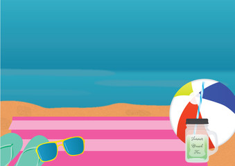 beach towel with sunglasses, drinking jar, flip flops and beach ball