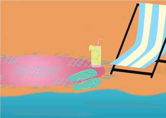 Beach chair with glass of lemonade, round towel and flipflops near the sea
