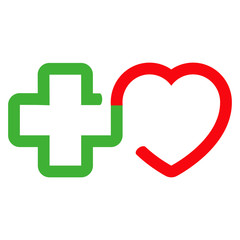 Icono plano lineal cruz verde y corazon rojo en fondo blanco