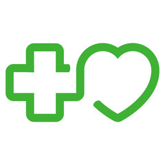 Icono plano lineal cruz y corazon verde en fondo blanco