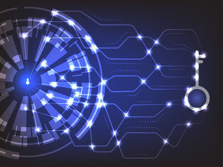 Cyber security concept: Keyhold with safety key on blue technology background for information security idea. Vecter illustration.