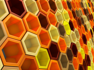 A network of hexagons yellow hue, which change height. 3D render.