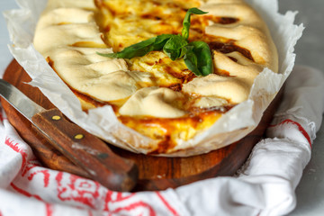 Homemade French open cake with leek and cheese. Quiche.
