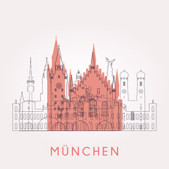 Outline Munich vintage skyline with landmarks. 