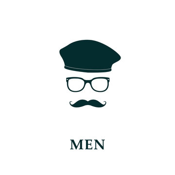 Men french beret and mustache icon in flat style. 