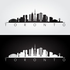 Toronto skyline and landmarks silhouette, black and white design.
