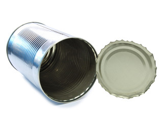 Empty metal tin on white background
