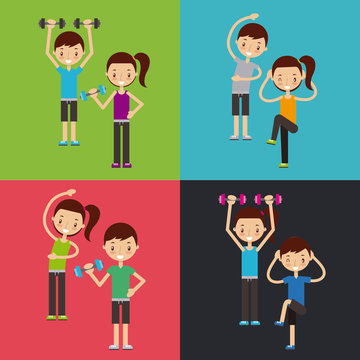 man and woman doing assorted exercise happy fitness people image vector illustration design 