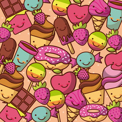 assorted kawaii food with background colorful image vector illustration design 