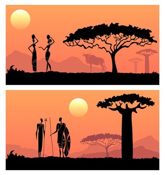 African men and women against the African sunset