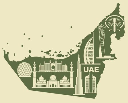 Map of the UAE with silhouettes of buildings
