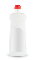 White plastic bottle of cleaning product. Isolated on white background with clipping path. Bottle for shampoo, shower gel, lotion, body milk, bath foam, detergent. Package. Mockup.