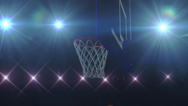 Basketball shot animation. Stadium light background